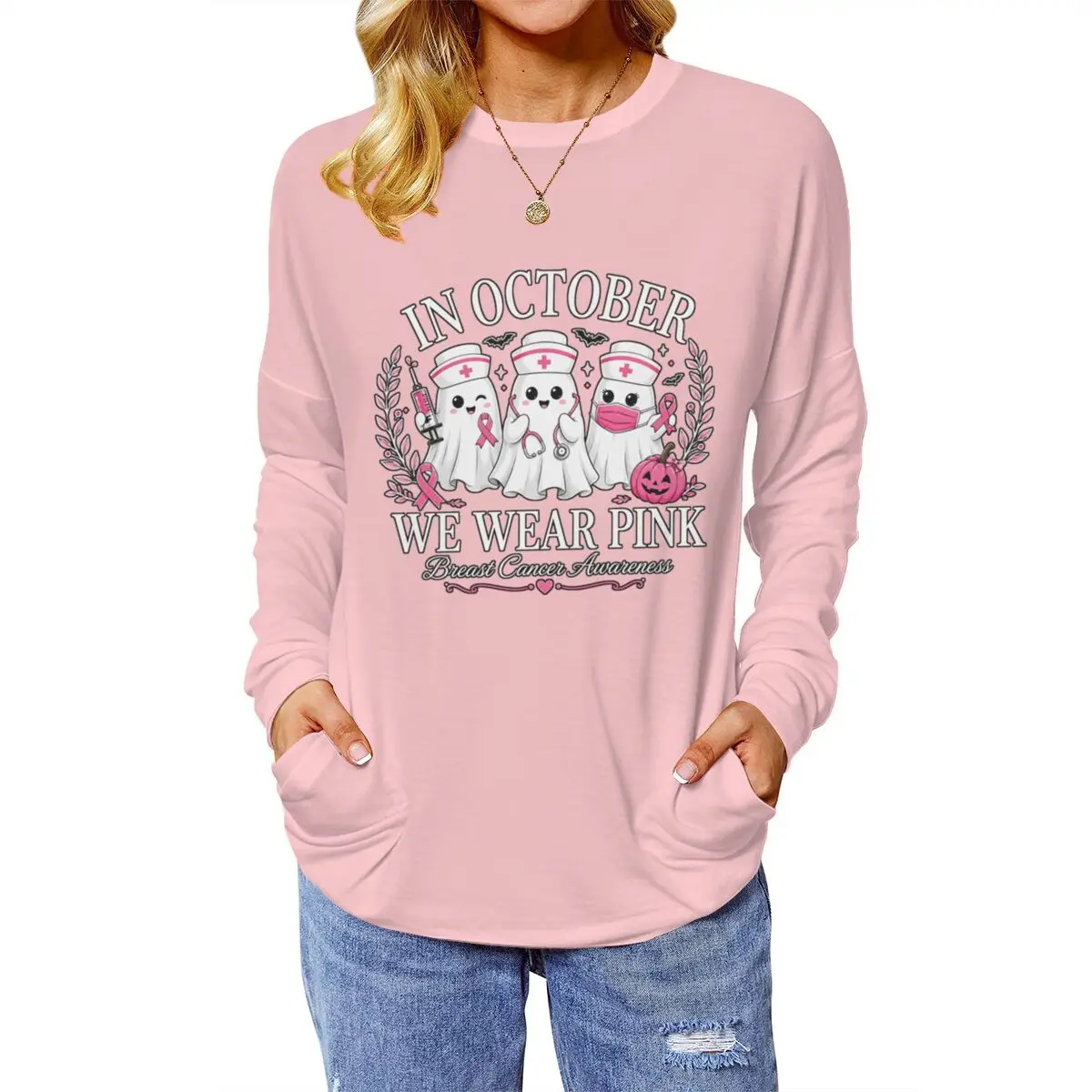 In October We Wear Pink T‑Shirt Halloween Nurse Ghost Breast Cancer Awareness Pink Ribbon Graphic Tee For Healthcare Supporter