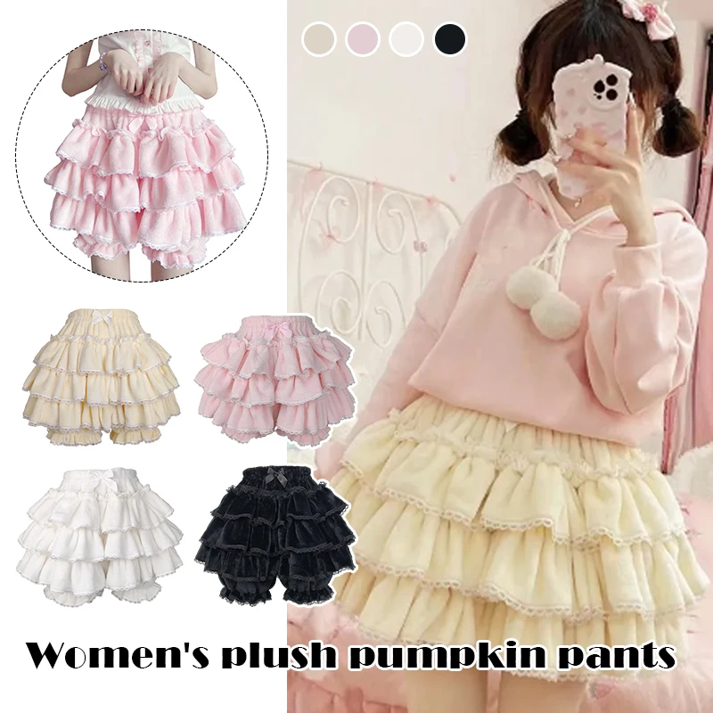 Harajuku Y2k Sweet Pink White Velvet Pumpkin Pants Lolita Bloomers JK Plush Shorts Japanese Kawaii Ruffles Lantern Shorts