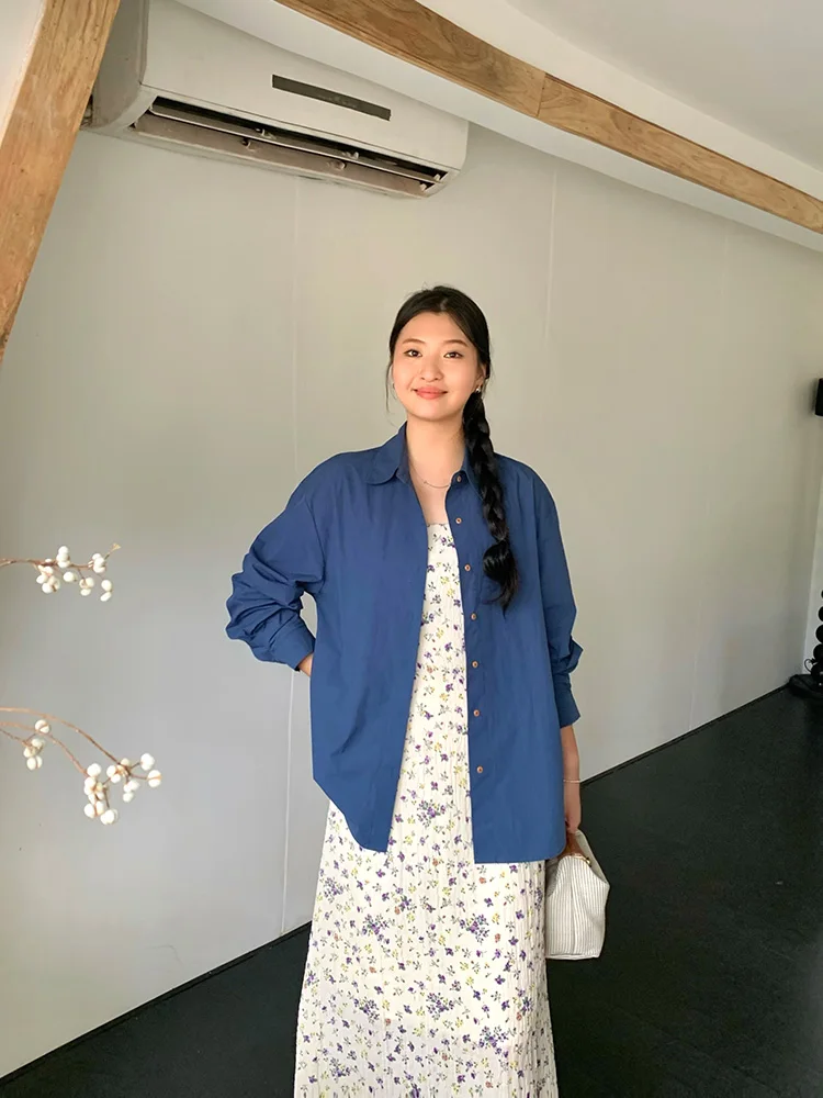 

Женская блузка Lin Da Hui синего цвета, повседневная, универсальная, больших размеров, для полных женщин, весна-осень, модная, увеличенный размер