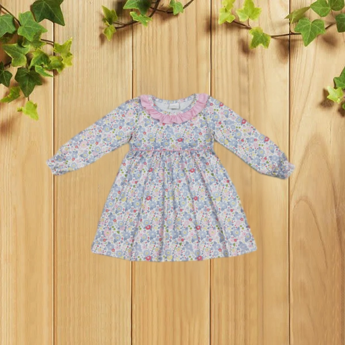 

8.20 GLD1120 Fall Blue Floral Pink Ruffled Long Sleeve Girls Dress Elegant Child Fashion Clothing