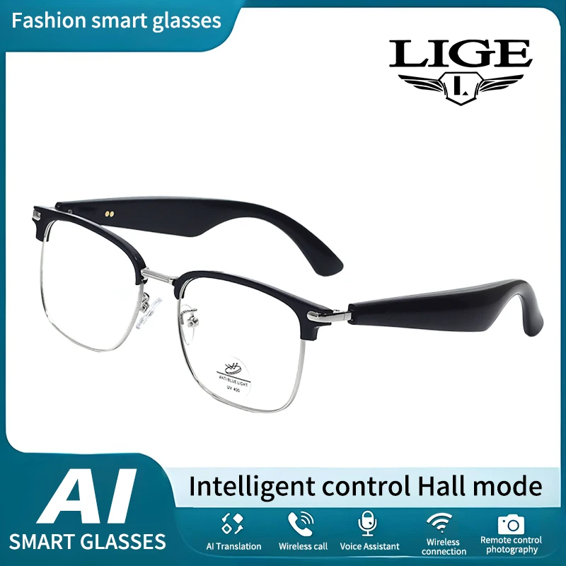 LIGE Fahsion Music Play Phone Answer AI Simultaneous Translation Smart Wireless Bluetooth Glasses Anti-Blue Light Smart Glasses