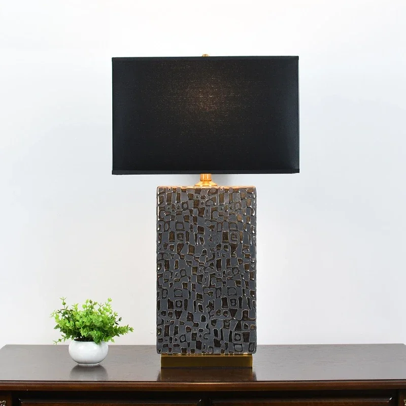 Ceramic table lamp square black living room table lamp modern simple bedroom bedside hotel premium
