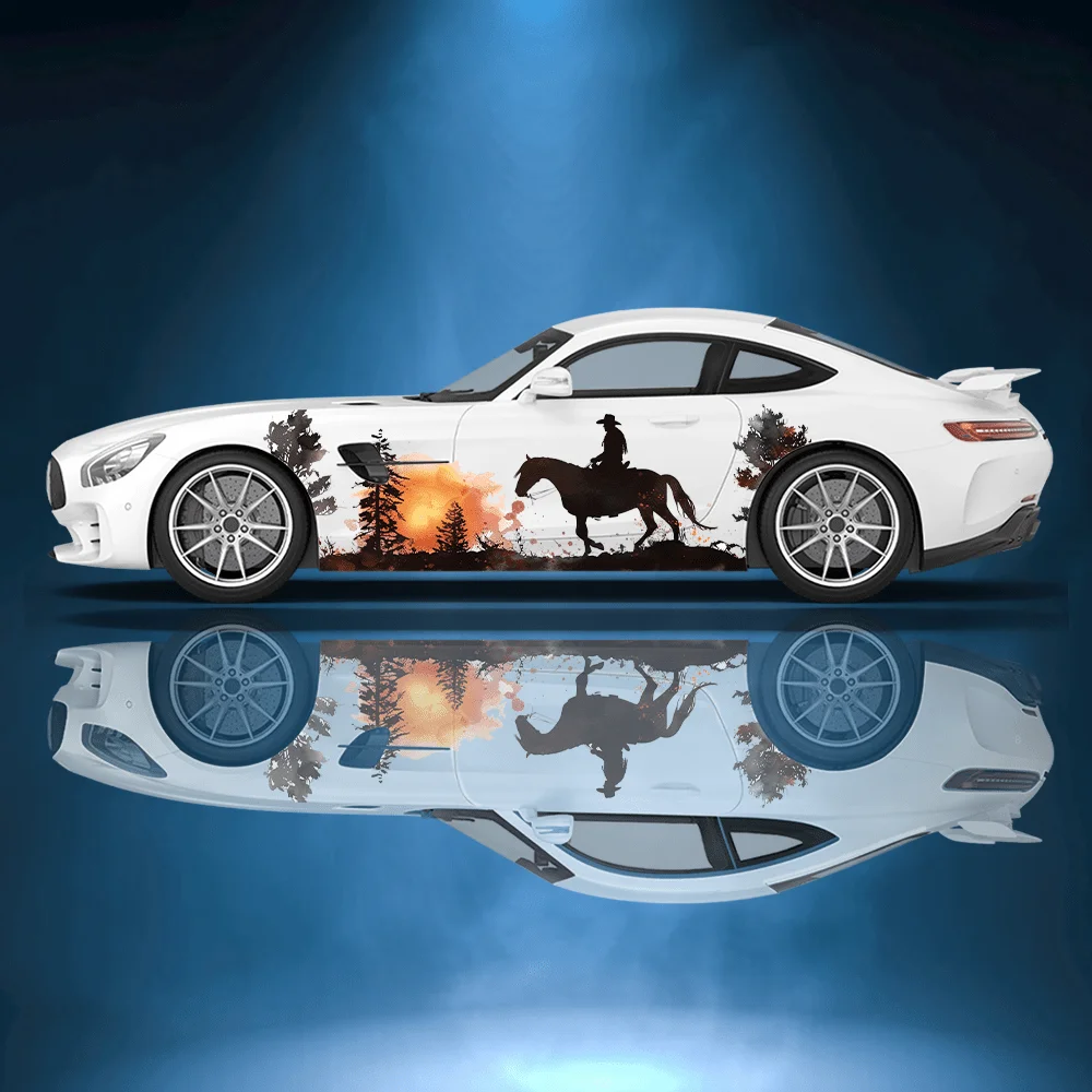 

Sunset Horseback Cowboy Car Vinyl Wraps Decal Self-adhesive PVC Sticker Suitable for Trucks SUV Decoration Auto Accessories Gift