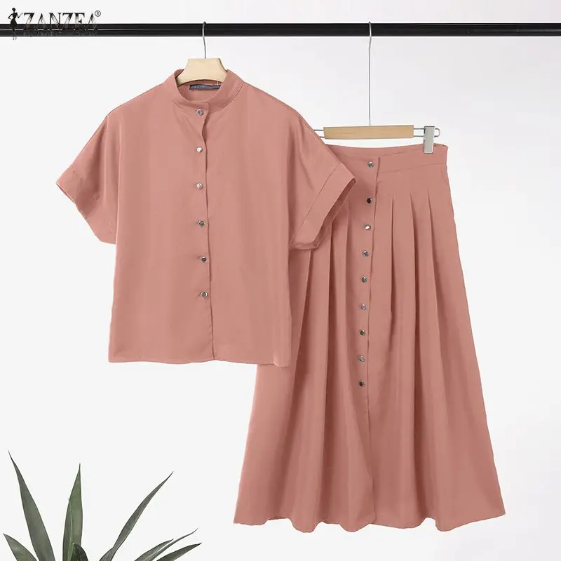 2026 ZANZEA Summer 2 Piece Sets Solid OL Work Outfits Women Dress Sets Fashion Elegant Stand Neck Short Sleeve Shirt Skirt Suit