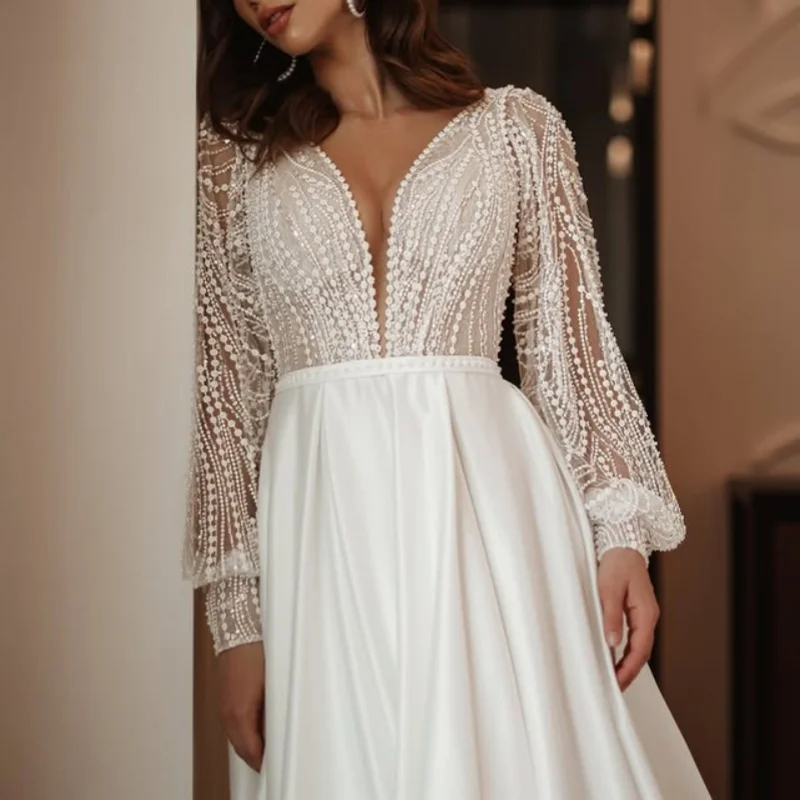 Vestidos de casamento brancos brilhantes fora do ombro o espartilho rendas mangas compridas sem costas vestidos de noiva multi-camada feita