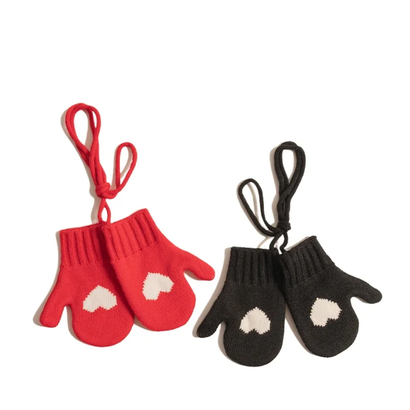 ファッションニットラブハートミトン 3-6歳用 暖かいカジュアルネックグローブ 秋冬防寒子供用