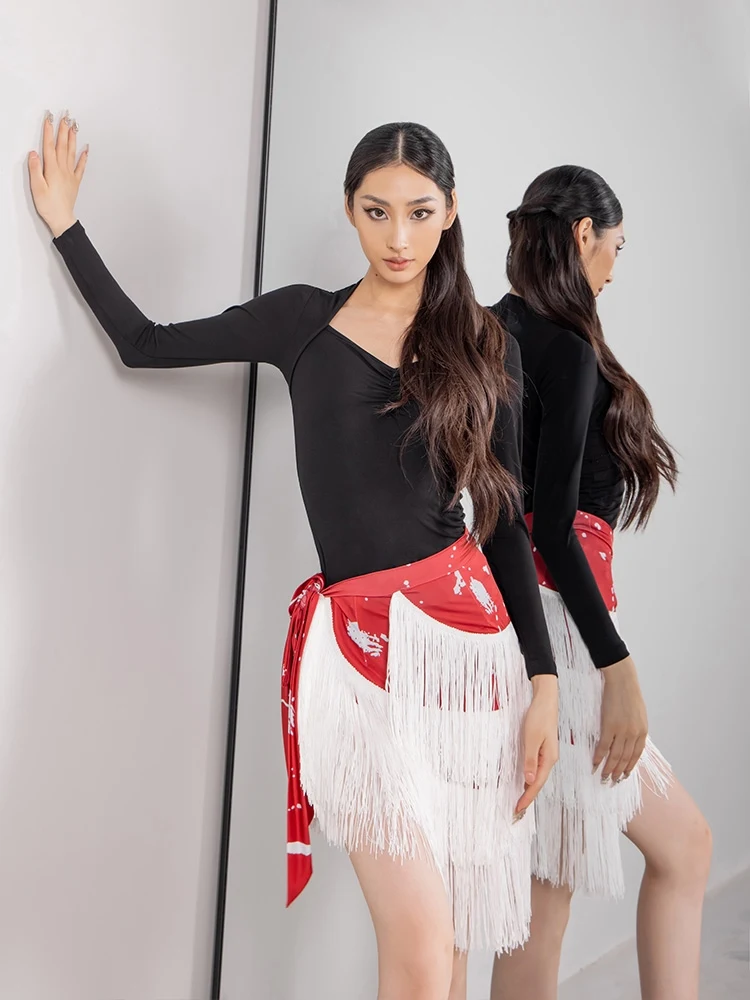 2024 New Adult Women Latin Dance Clothes Long Sleeves Tops Tassel Hip Scarf Latin Skirt Rumba Samba Dance Practice Wear BL13526