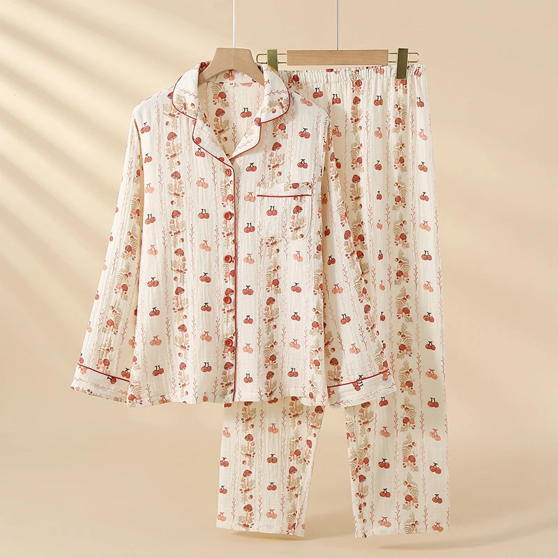 2-Piece Women's Pajama Set, Nature-Inspired Cherry Print Sleepwear, Double Gauze 100% Cotton Long Sleeve & Relaxed Fit, Lightwei