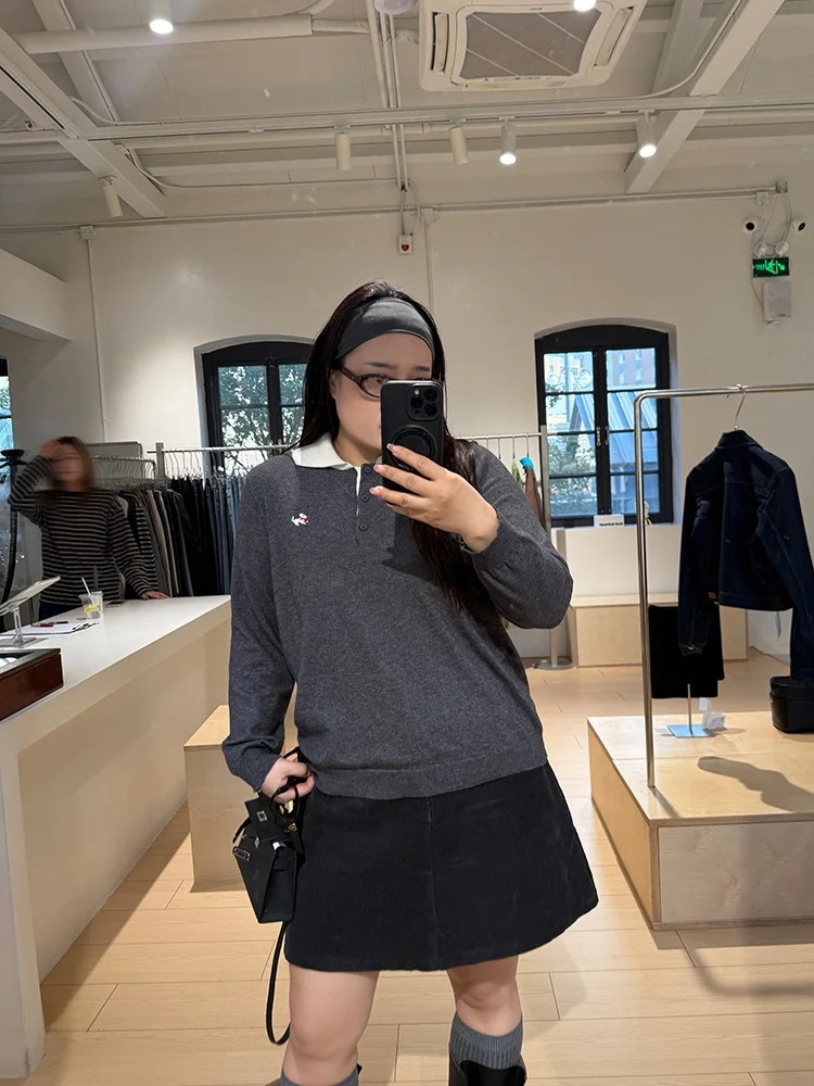 

Ретро-свитер с отложным воротником, эластичный, вязаный, больших размеров, женский, модный, с эффектом двухслойности, осень 2025