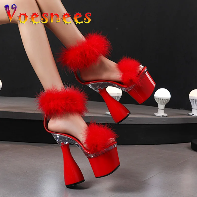 

Women's 17.5CM Ultra High Heel Black White Red Platform Sandals Summer Fashion Furry Open Toe Nightclub Stage Round Heels Shoes