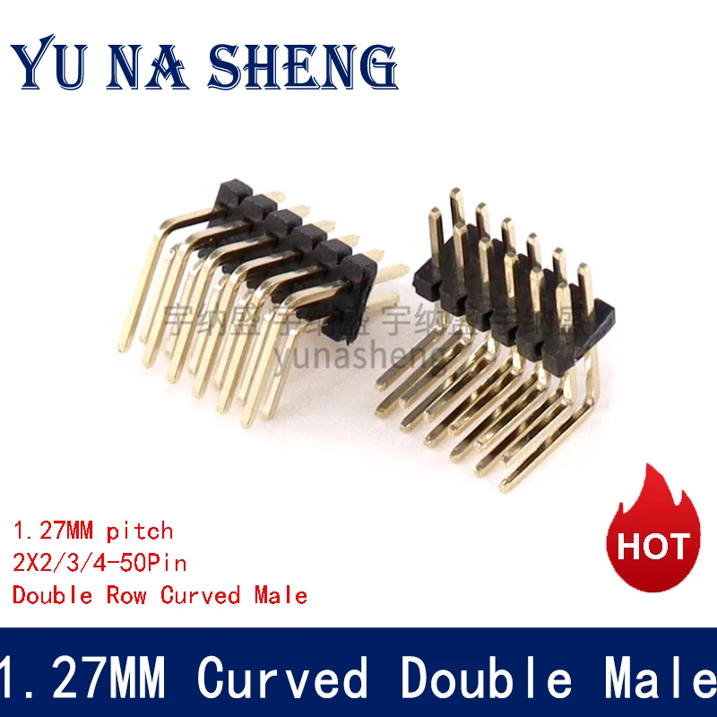 100pcs 1.27mm Dual 90D 2*2P 3 4 5 6 7 8 10 12P 40P Double Row Right Angle RA PCB Jumper Strip Rohs Gold-plated Male Pin Header