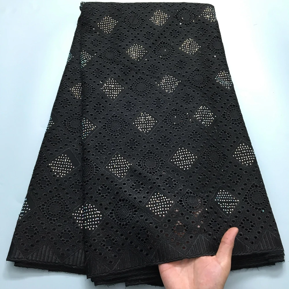 Black Swiss Voile Lace In Switzerland African Lace Fabric 2024 High Quality Lace White Cotton Lace Dubai Fabric With Stone S3931