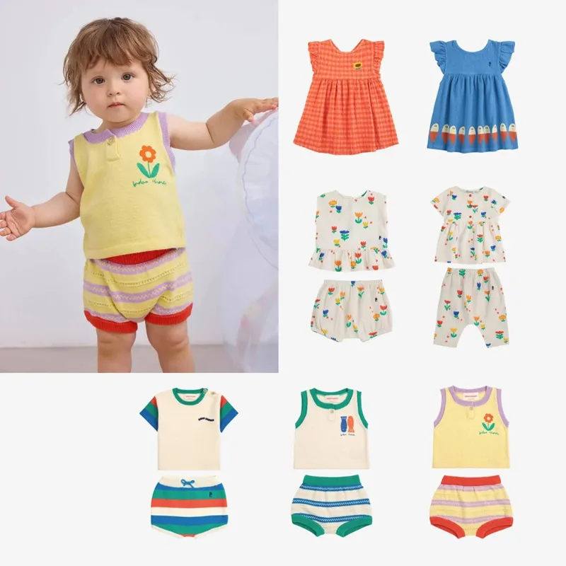 2024SS New Boys and Girls Baby Knitted Short Sleeve Shorts Crawler Clothes Set Children's Dress