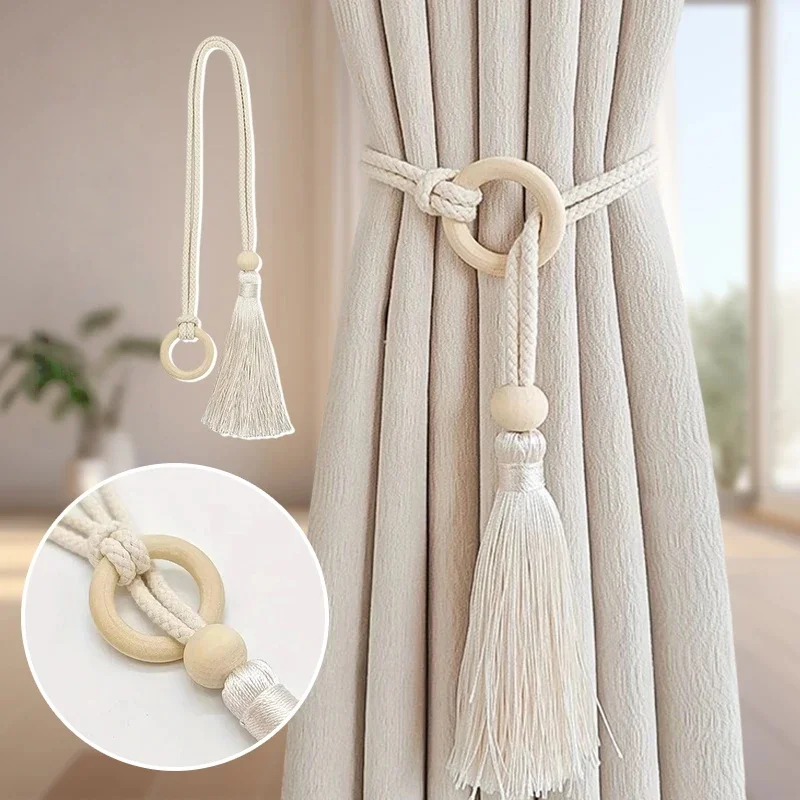 2PCS Bohemian Chic Adjustable Cotton Cord Curtain Tie Fringe - Hand Woven, Log Loop Curtain Buckle Strap