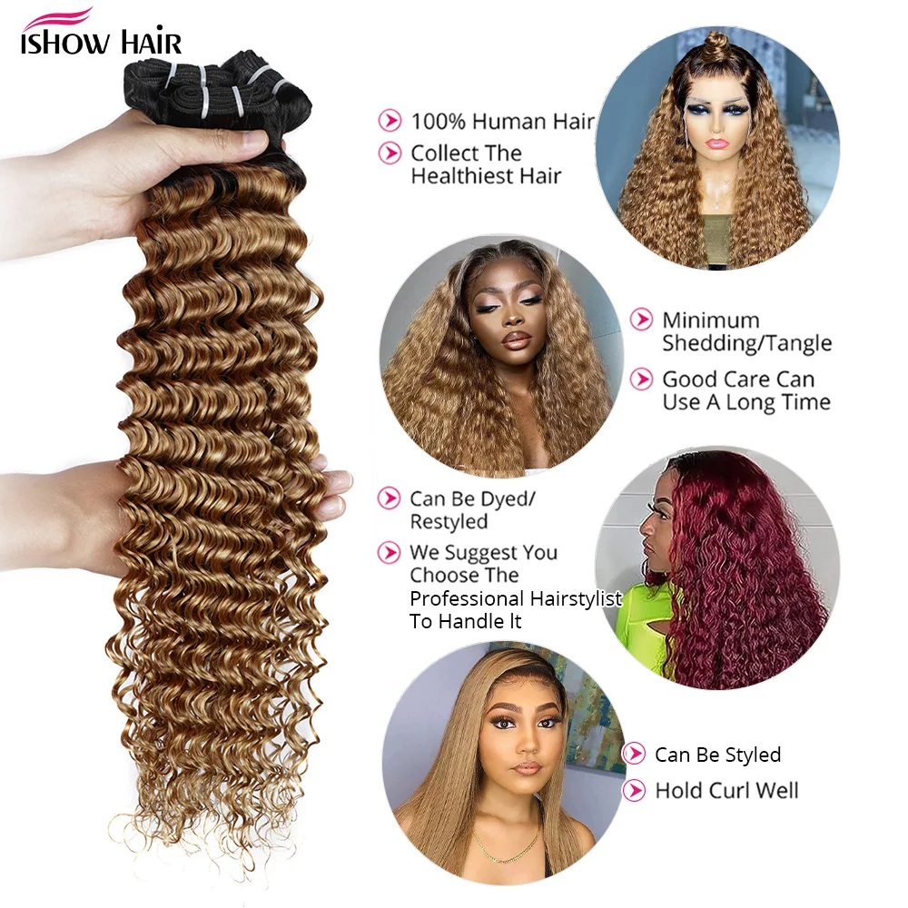 1B 27 Ombre Honey Blonde Deep Wave Bundles Brazilian Remy Human Hair Bundles For Women Colored Two Tone Human Hair Extensions