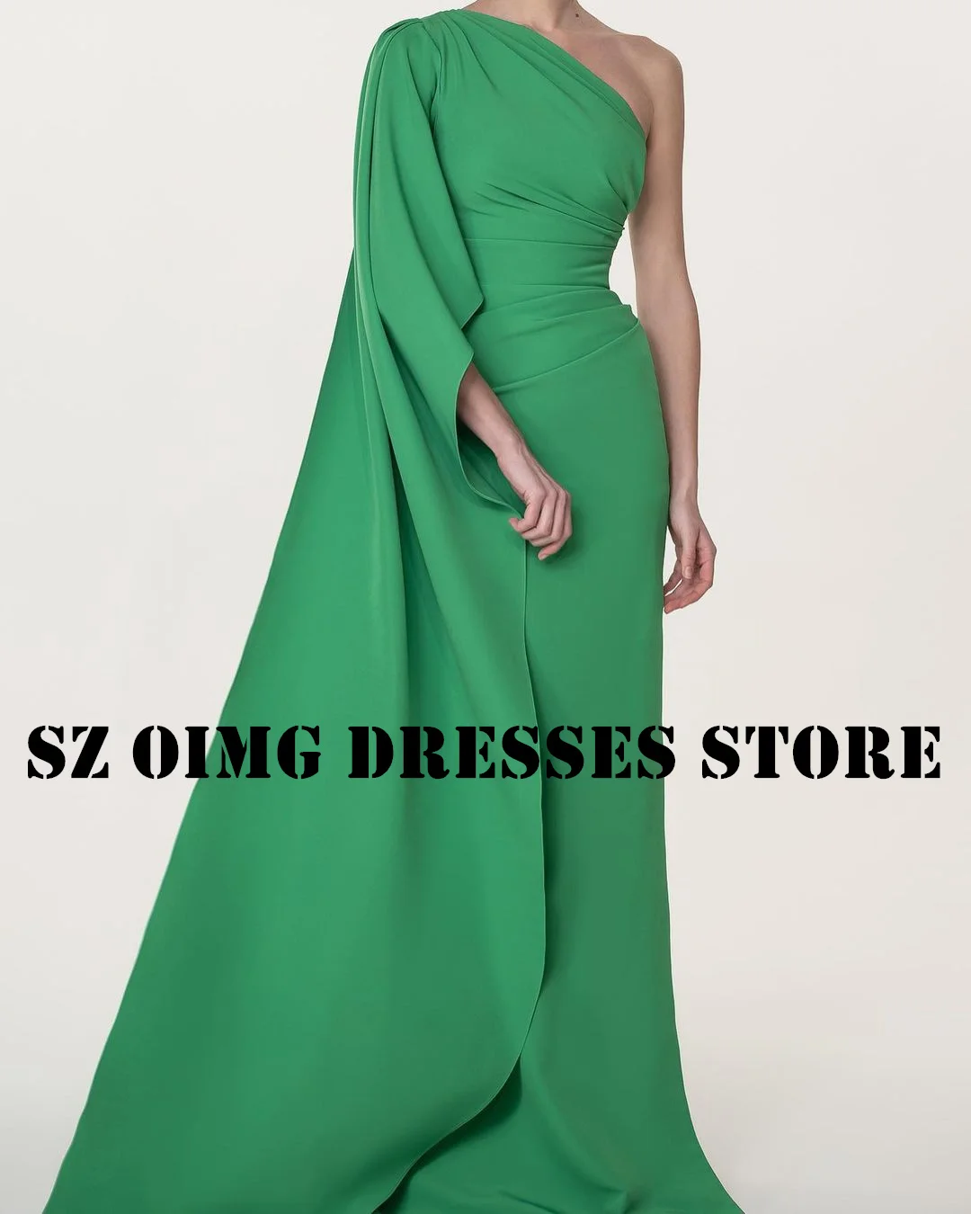 OIMG New Design Green Prom Dresses Arabic Women One-Shoulder Charmed Ruched Caped Sheath Simple Evening Gowns Formal Party Dress