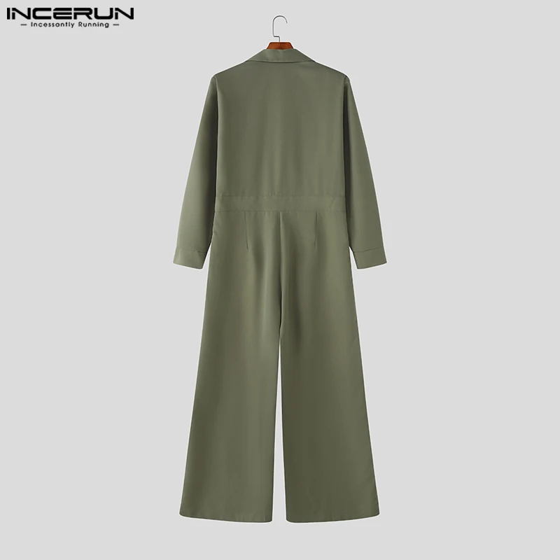 INCERUN Tute da uomo Tinta unita Risvolto Manica lunga Un bottone Pagliaccetti maschili Streetwear Moda allentata Casual Tute eleganti da uomo