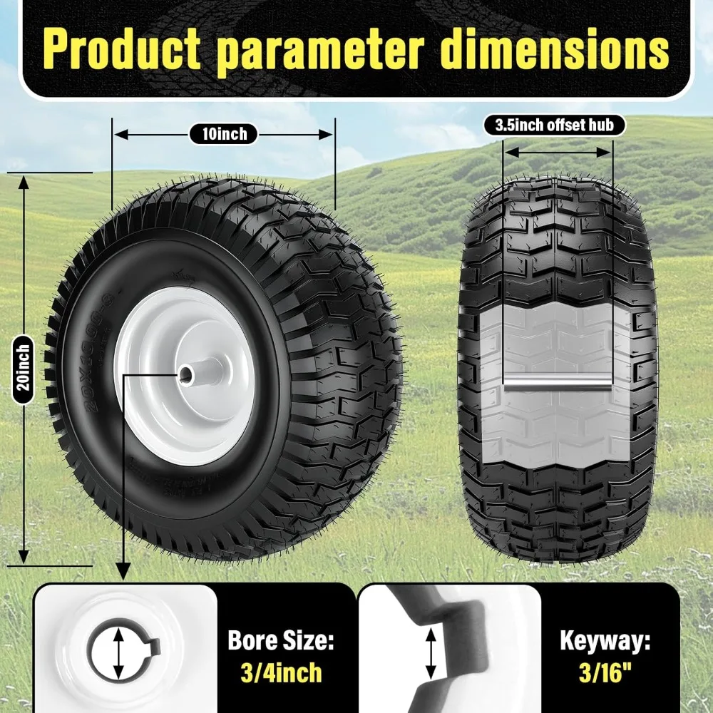 

Шина и колесо для газонокосилки 20x10.00-8, с отверстием под болт 3/4, вылетом ступицы 3.5, шпоночным пазом 3/16, 4-слойная, для заднего моста райдерной газонокосилки/трактора