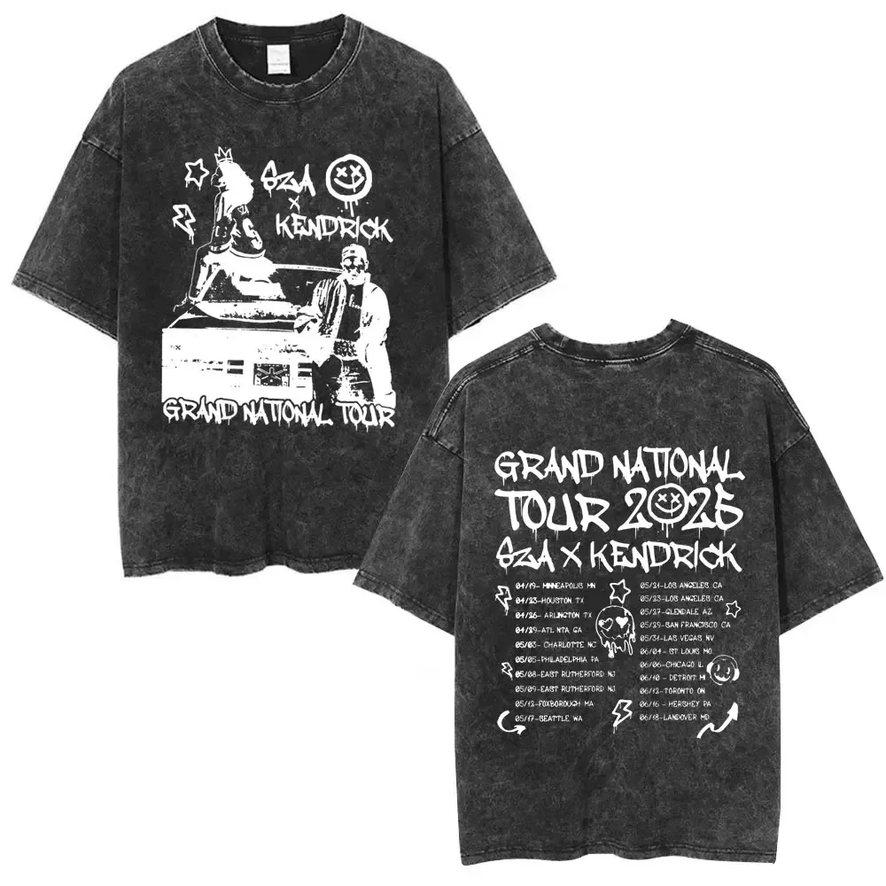Washed Vintage Rapper Kendrick Lamar & SZA Grand National Tour 2025 T-shirts They Not Like Us Graphic T Shirt Men Hip Hop Tshirt