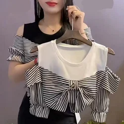 Summer New Stripe Bow Unique T-shirt Women's Off Shoulder Loose and Fashionable Design Small and Fake Two Off Shoulder Top E500