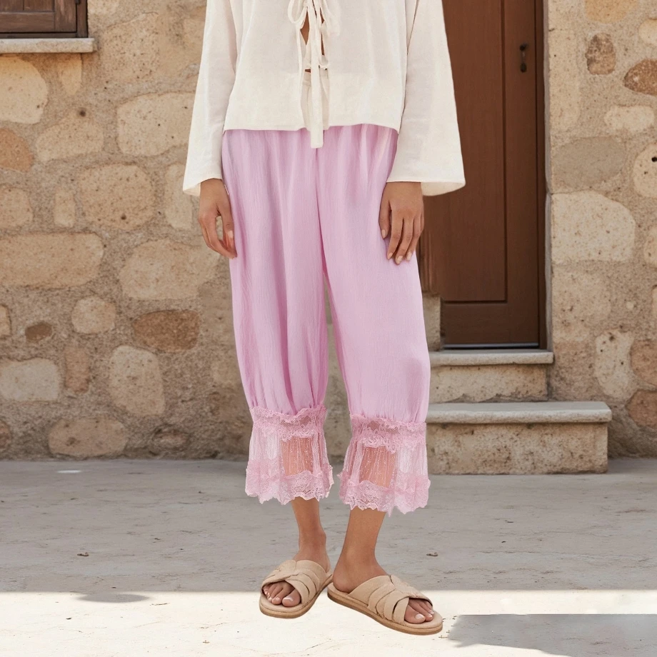 Womens Wide Leg Cropped Pants Loose Mid Rise Patchwork Lace Trim Long Bloomers Lantern Trousers Casual Bottoms Streetwear