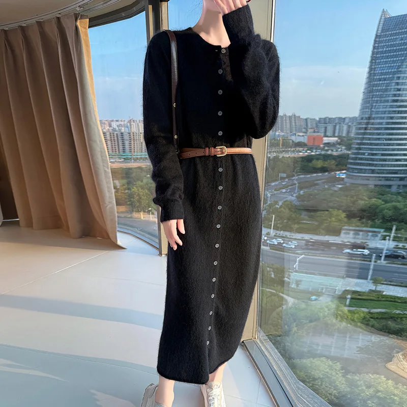 Nieuwe 2025 herfst en winter dames gebreide 100% pure nertsen kasjmier O-hals vest trui jurk slim fit veelzijdige lange trui