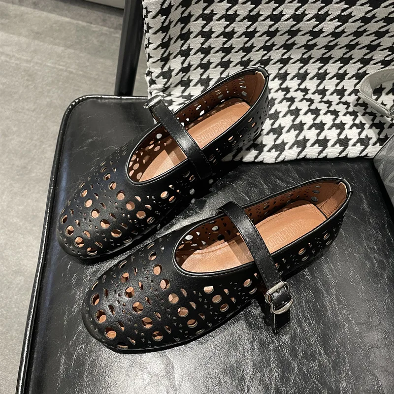2026 Luxury Summer Women Hollow Out Shallow Mouth Flat Shoes One Buckle Strap Versatile Fashion Casual Ladies Single Shoes