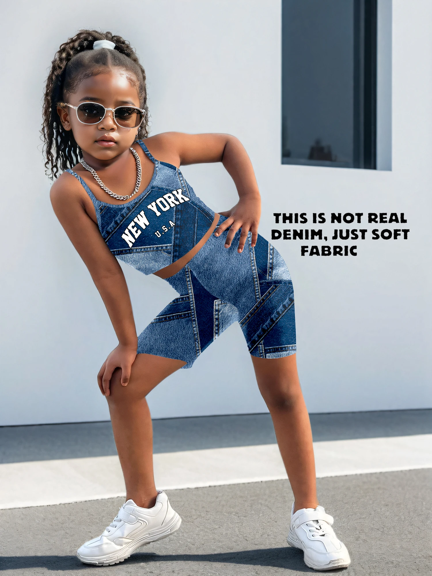 Girls 2 Piece Faux Denim Print Outfit New York USA Graphic Cami Crop Top & Biker Shorts Kids Summer Streetwear Set（Faux Denim /