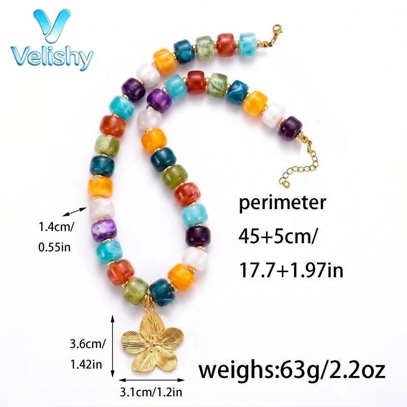 Multicolor Marbled Square Bead Choker Necklace For Women, Gold Five Petal Flower Pendant, Adjustable Boho Chunky Collar Jewelry