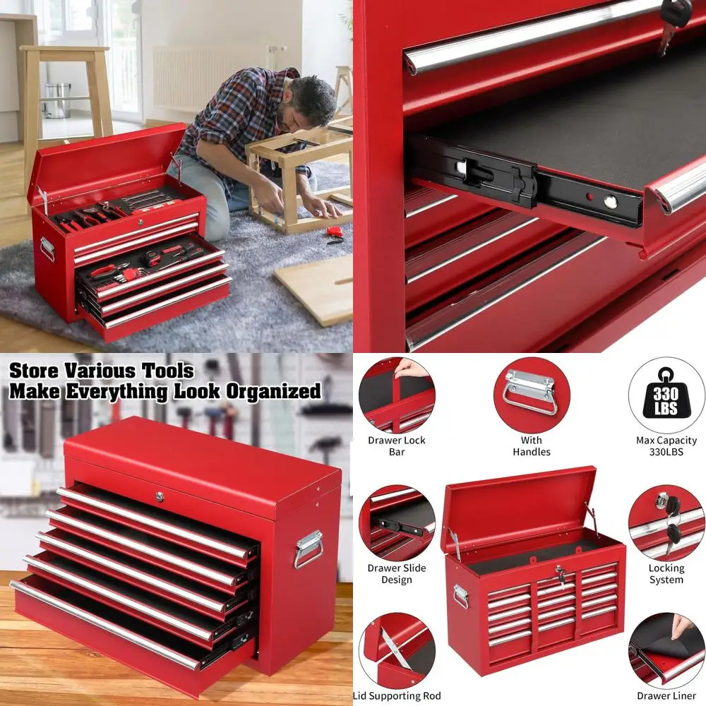 

24 Portable Red Tool Box with 5 Drawers and Top Storage Tray, Lockable Metal Chest for Garage, Warehouse, and Home Repairs