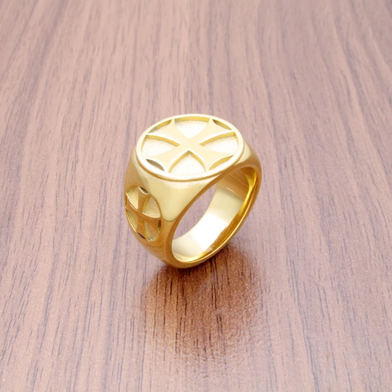 Punk 316L Stainless Steel Gold Plated Iron Double Cross Knight Templar Ring For Gift