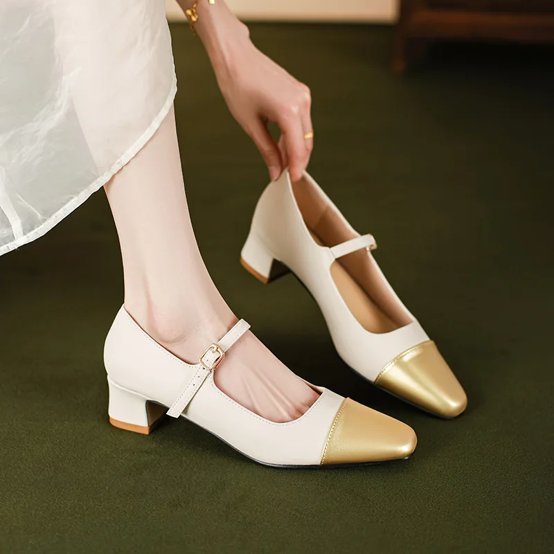 

Vintage French Color Block Mary Jane Shoes Women's Spring 2025 New Style Mid-high Square Toe Shallow Single Shoes
