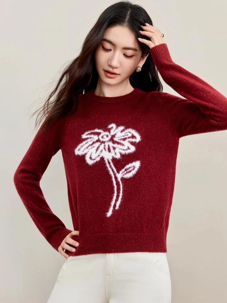 

SENTUBILA Women's Red Jacquard Pullover Sweater Autumn 2025 O-Neck Coconut Pattern Drop Shoulder Long Sleeve Top W53EE3749