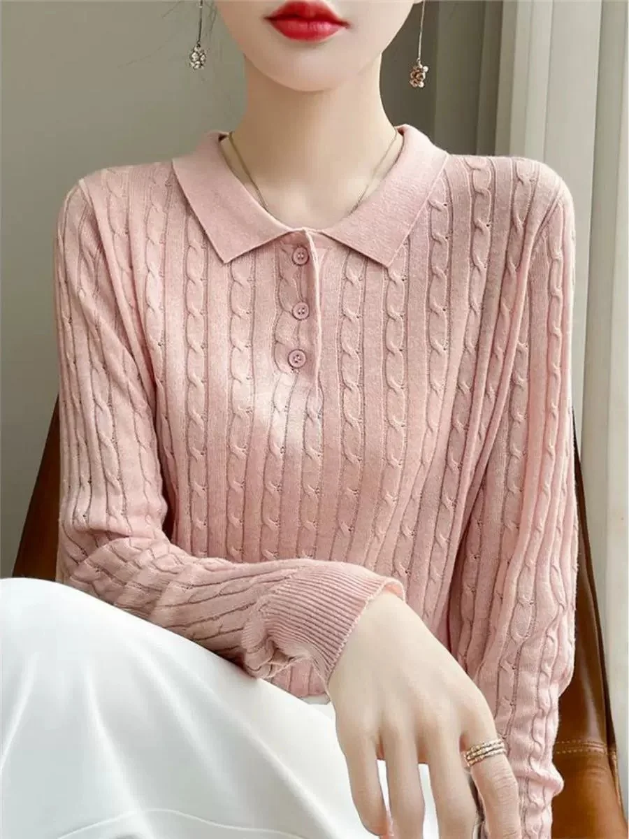 

Collar Knitted Wool Sweater Women Loose Long Sleeve Autumn Winter Fashion Simple Style Premium Spun Wool Knitwear