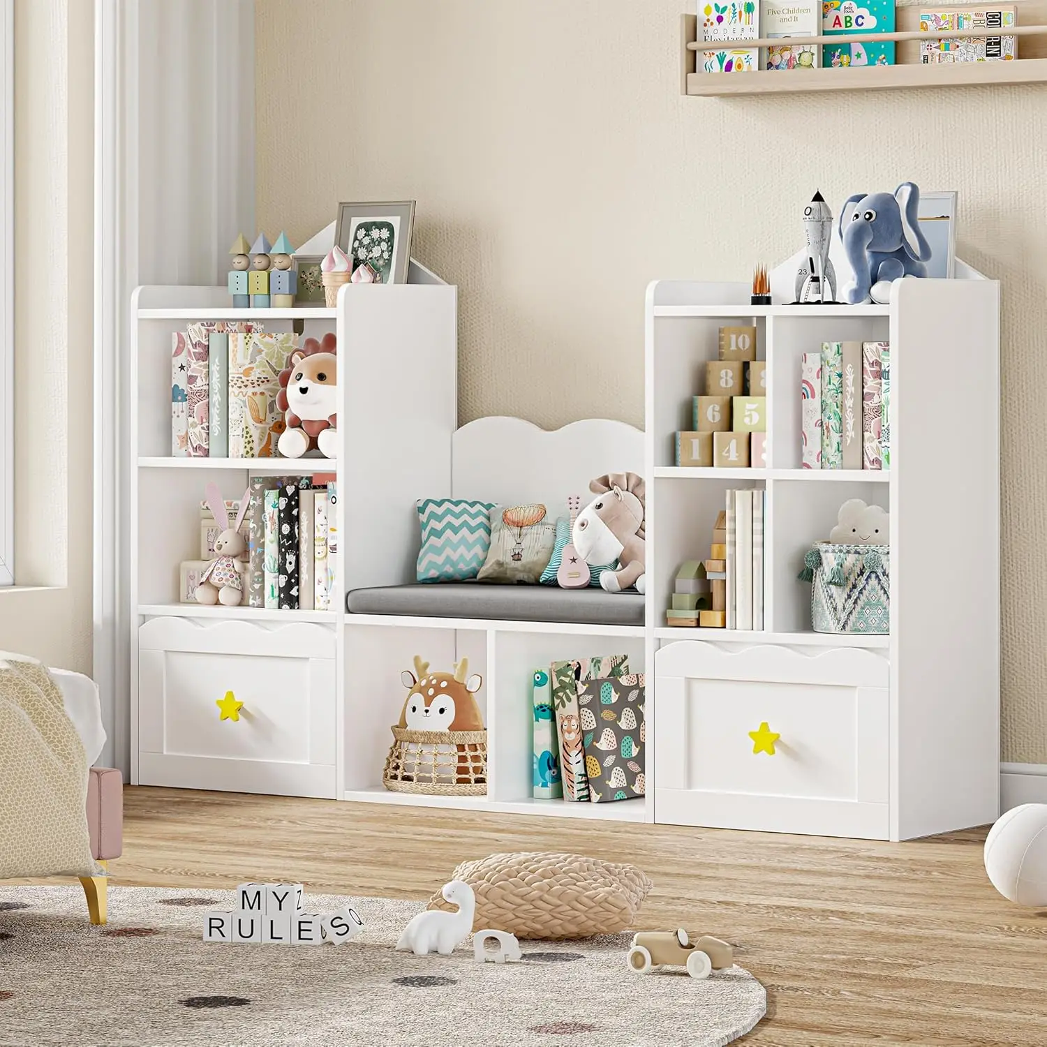 Bookshelf with Reading Nook, Kids Bookcase with Soft Cushion Seat, 2 Wheels Drawers and 8 Storage Cubbies, Toy Storage Organizer