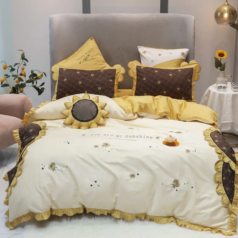 Yellow Sunflower Embroidered 60S Cotton White Luxury Bedding Sets DuvetCover Bed Sheets Bedding Queen Size King Comforter Sets