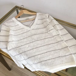 2024 Early Autumn New Light Luxury Sequin V-Neck Contrast Striped Hollow Long Sleeve Knitted Sweater For Women