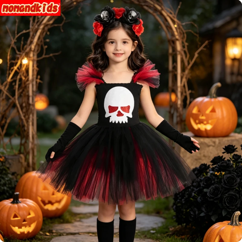 Halloween Skeleton Tutu Outfit, Mesh Bodice with Skull Pattern, Layered Tulle Skirt, Skull Flower Headband Fingerless Gloves Set