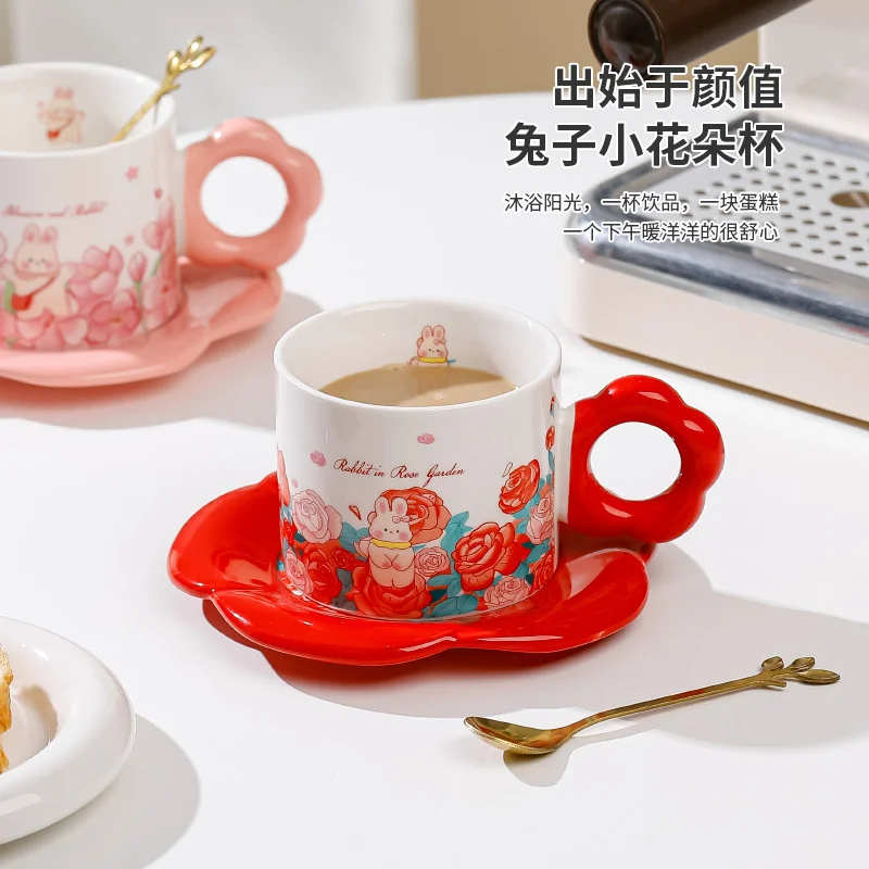 Tulip ceramic cup ins high beauty with flower handle mug cute female rabbit cartoon lovers coffee cup