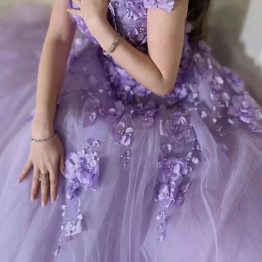 Amanda Aangepaste Paarse 3D Bloemen Prom Dress Spaghetti Vestidos De Noche Mesh Stof Vloerlengte Formele Avond 2025