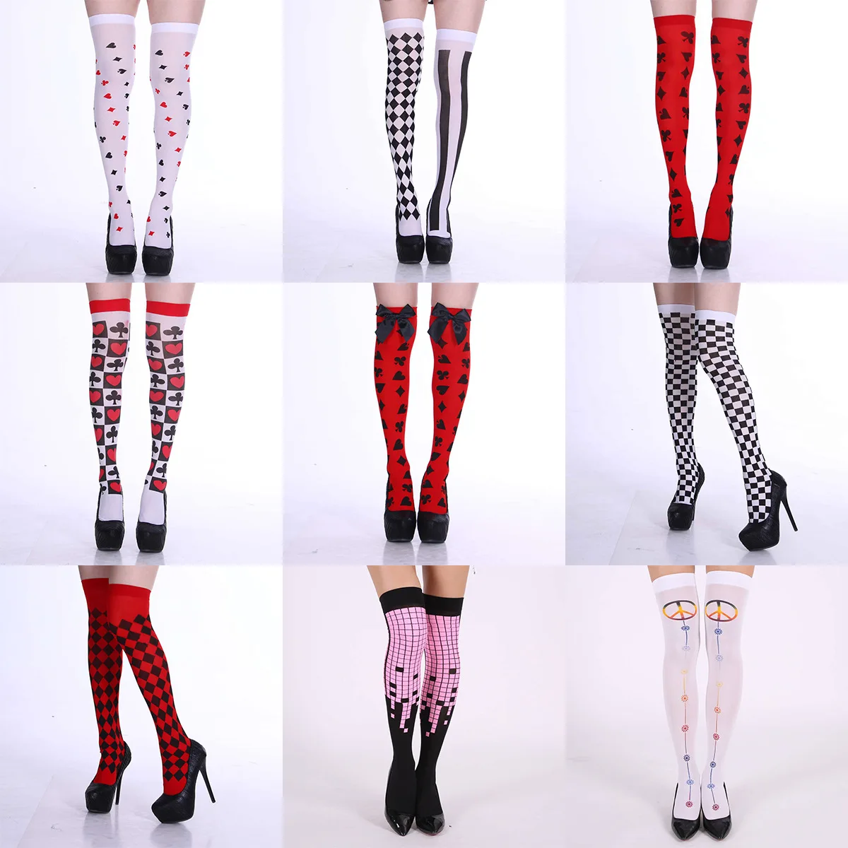 

2025 New Halloween Party Stage Performance Poker Flower Clown Over Knee Beautiful Leg Striped Grid Stockings