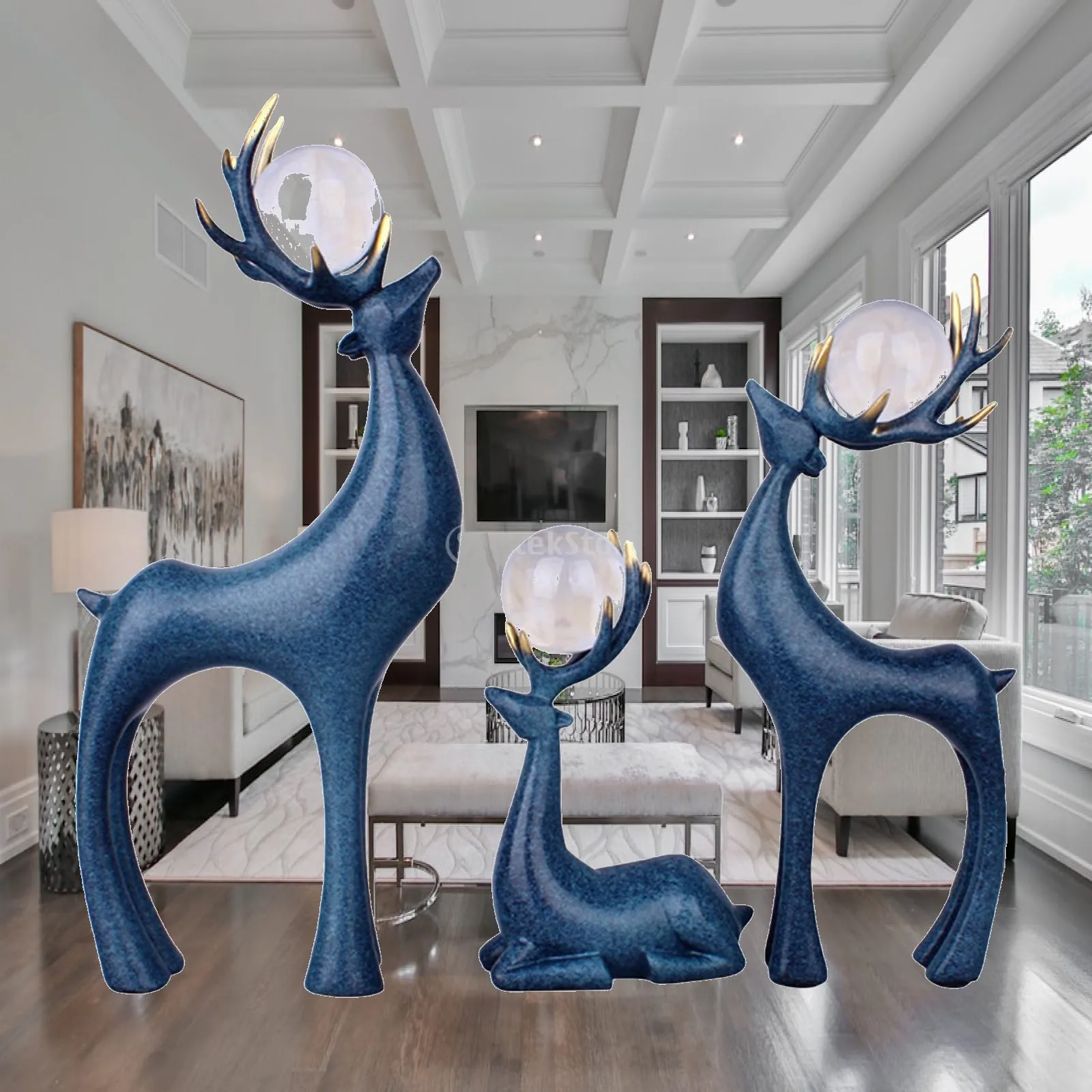 Christmas Reindeer Statues Set of 3 Resin Deer Figurines Sitting Standing for Mantel Shelf Table Decorations Home