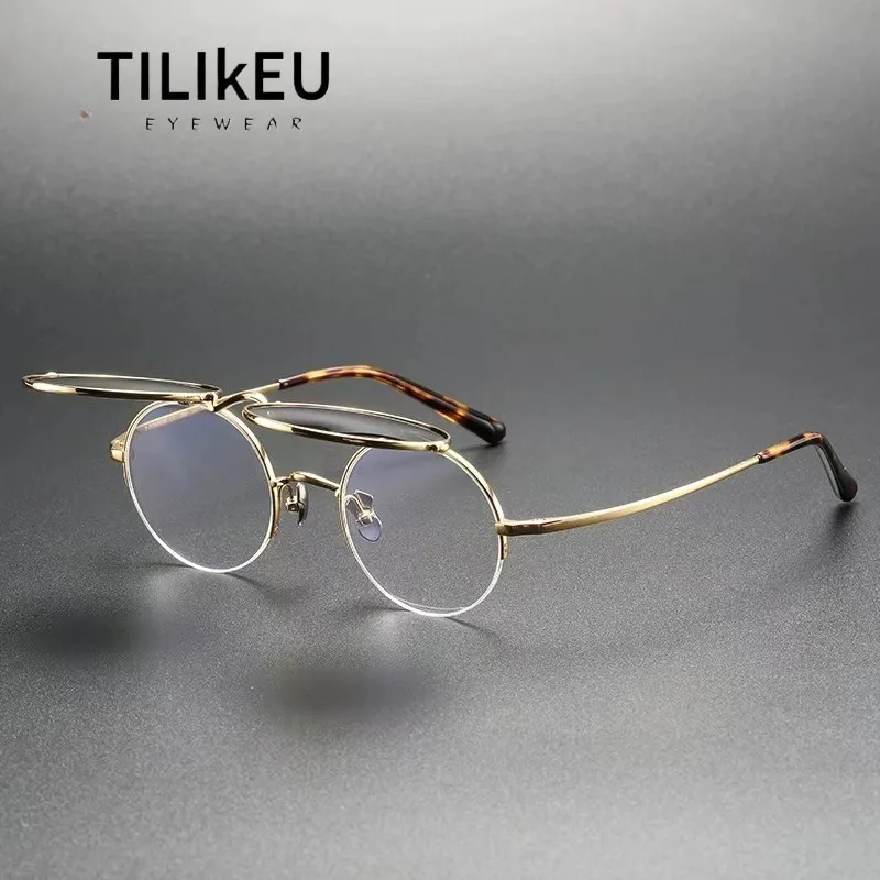 

Retro Round Pure Titanium Glasses Frame Men Flip-Up Semi-Rimless Eyeglasses Women Half Frame Flip Glasses Japanese Eyewear Gafas