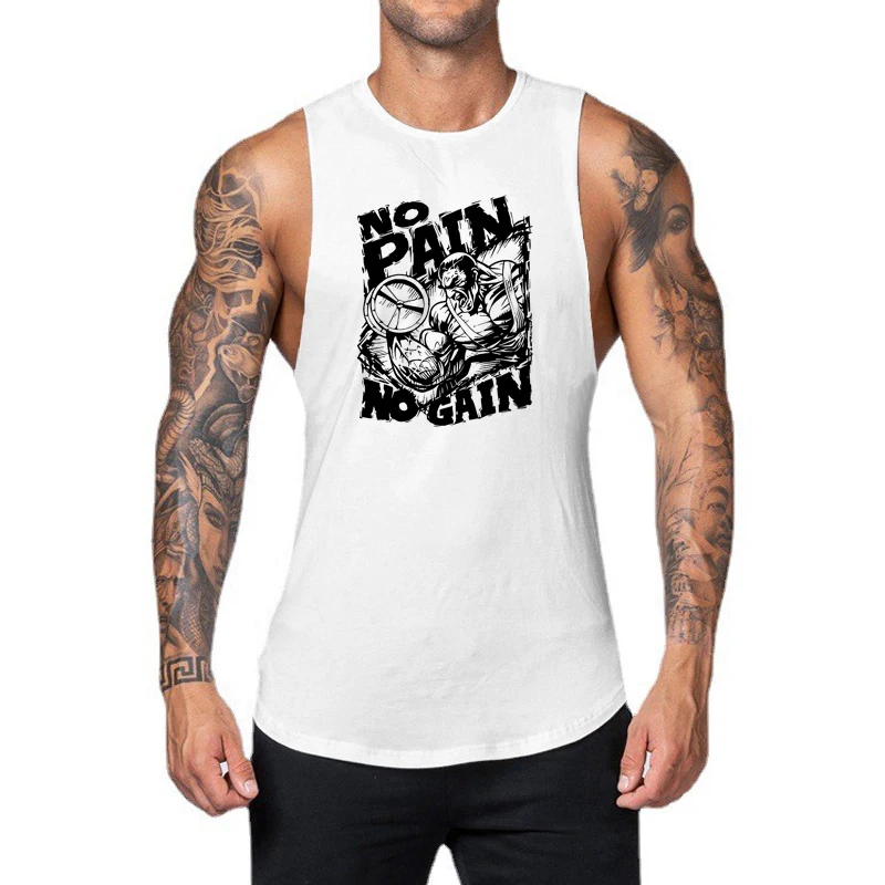 

NO PAIN NO GAIN Printed Sport Vests Gym Bodybuilding Sleeveless Cotton Breathable Tank Tops Mens Fitness Muscle Loose T-Shirts