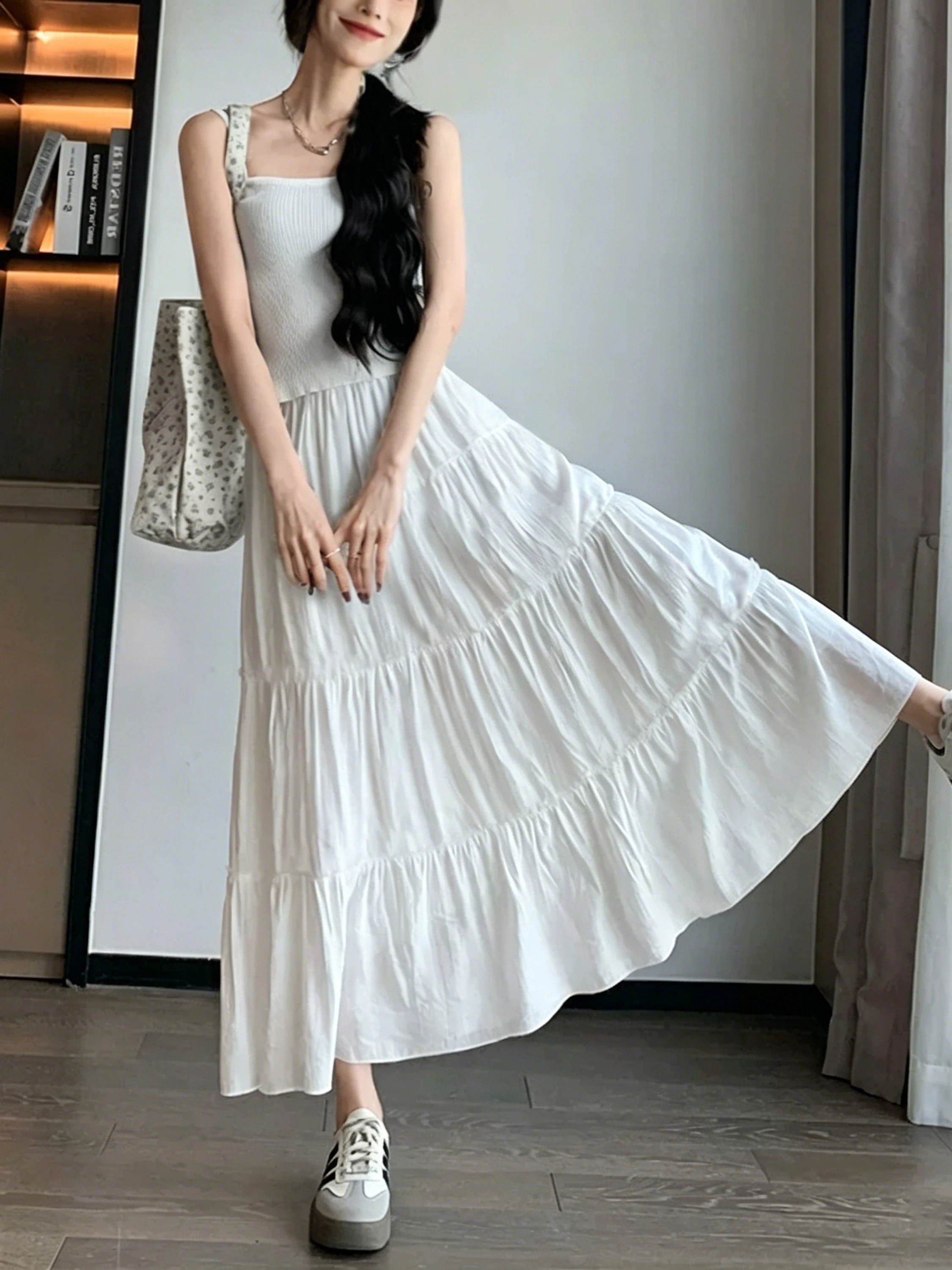 

Elegant White Chiffon Pleated Skirt Women's Summer Elastic Waist Draped Cake Skirt A-Line Umbrella Skirt Full Length Skirt