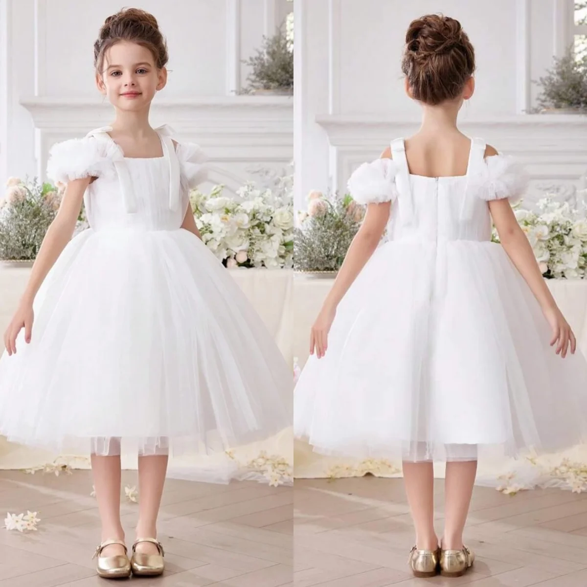 

Tulle Cute Flower Girls' Dresses For Wedding Party Off the Shoulder Ruffles Pleats Tea-Length Evening Dress Kids Guests Gowns
