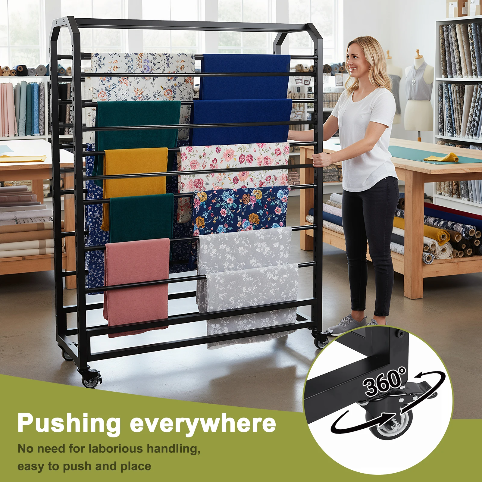 

16/18 Rods Vinyl Roll Holder with Adjustable Hanging Rod Vinyl Roll Storage Rack with Wheels for Curtain/Wallpaper/Tablecloth