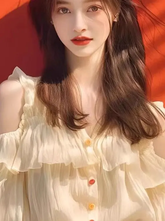 Faionable Chic Women's irt Unique Design Sweet Sle V-Ne Flounce Sve Loose Fit Spring 2025 Trendy Top