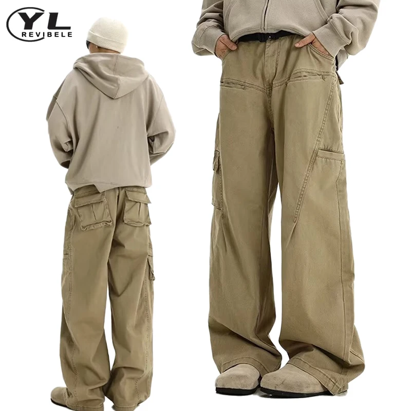 American Vintage Wide Leg Cargo Pant Mens High Waist Solid Color Multiple Pockets Jogging Pants Spring Baggy Straight Trousers