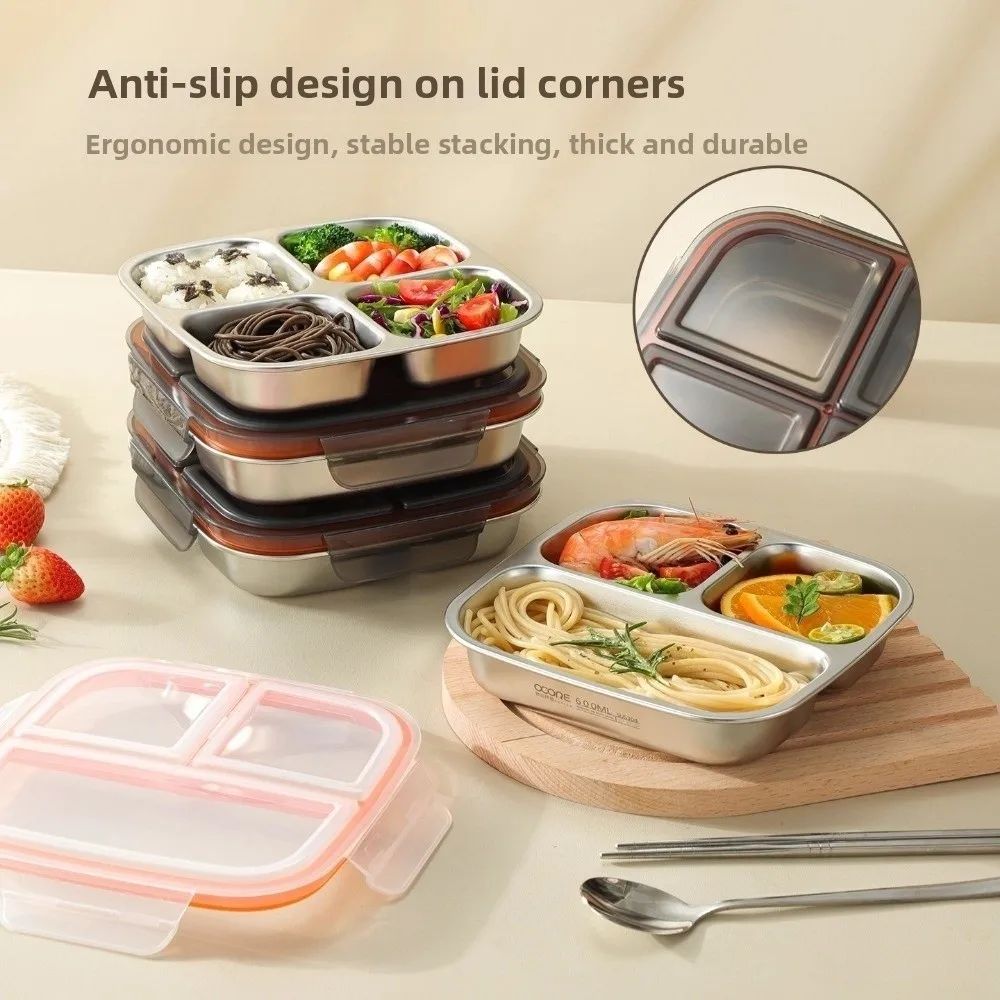 3/ 4 Grids Stainless Steel Lunch Box Leak Proof Sealed Food Container 600ml Capacity Reusable Student Meal Plate Microwave Oven